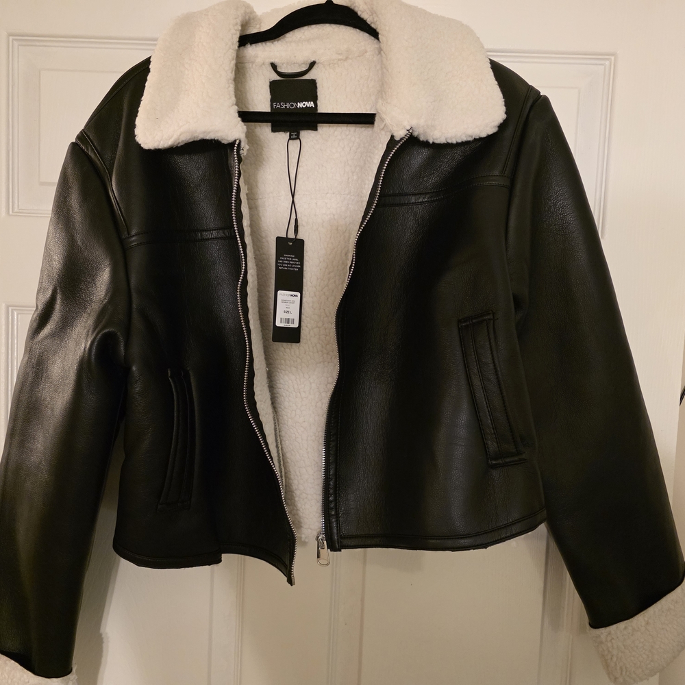 Fashion Nova Black Leather Jacket with Cream Lining